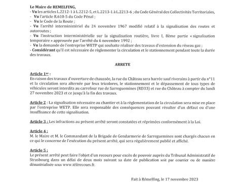 Rémelfing Information travaux: à partir du 22/11/2023 au carrefour rue du Château -rue de Sarreguemines RD33