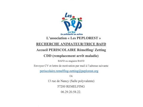 Offres d'emploi des PEP 57 pour l'accueil périscolaire du RPI Rémelfing Zetting
