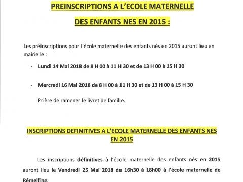 Rémelfing Inscriptions à l'école maternelle le vendredi 25 mai 2018