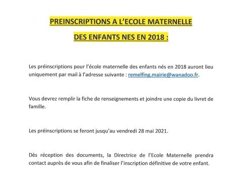 Rémelfing Nouveauté rentrée 2021-2022. Rappel préinscription scolaire.