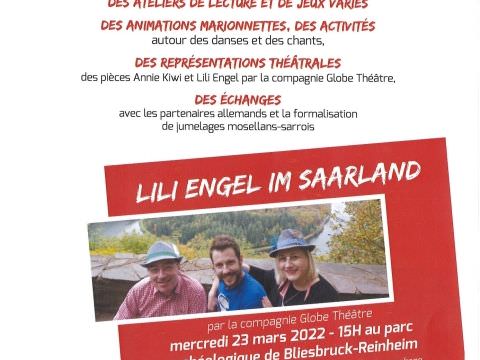 Rémelfing "Faites de l'allemand- Lern fest deutsch" - Lili Engel im Saarland par la compagnie Globe Théâtre le mercredi 23 mars 2022 au parc archéologique de BLIESBRUCK-REINHEIM