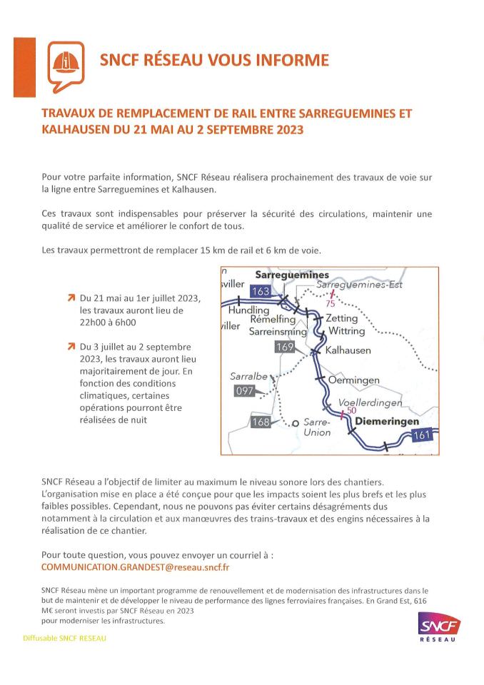 Travaux sur la ligne SNCF entre Sarreguemines et Kalhausen du 21 mai au 2 septembre 2023