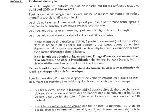 Rémelfing Arrrêté 2023 - DDT-SERAF-UFC n°19 du 05 AVRIL 2023 autorisant le tir de nuit du sanglier du 15 avril 2023 au 1er février 2024