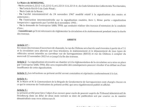 Rémelfing Information travaux: à partir du 22/11/2023 au carrefour rue du Château -rue de Sarreguemines RD33