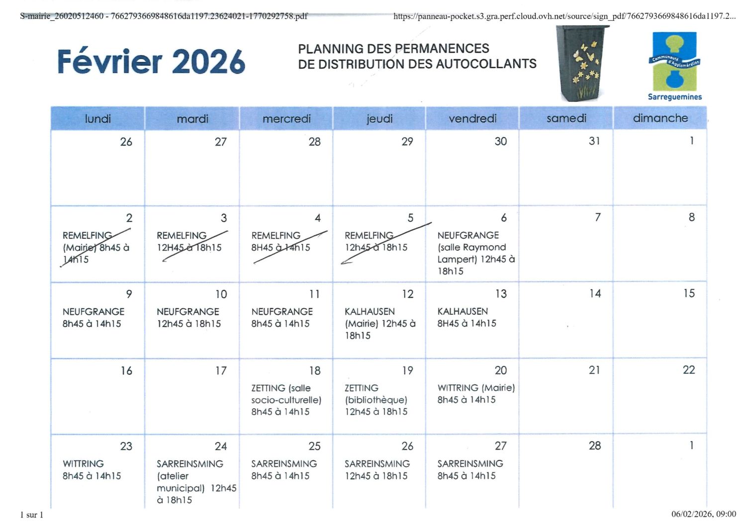 Planning des permanences de distribution des autocollants- Février 2026