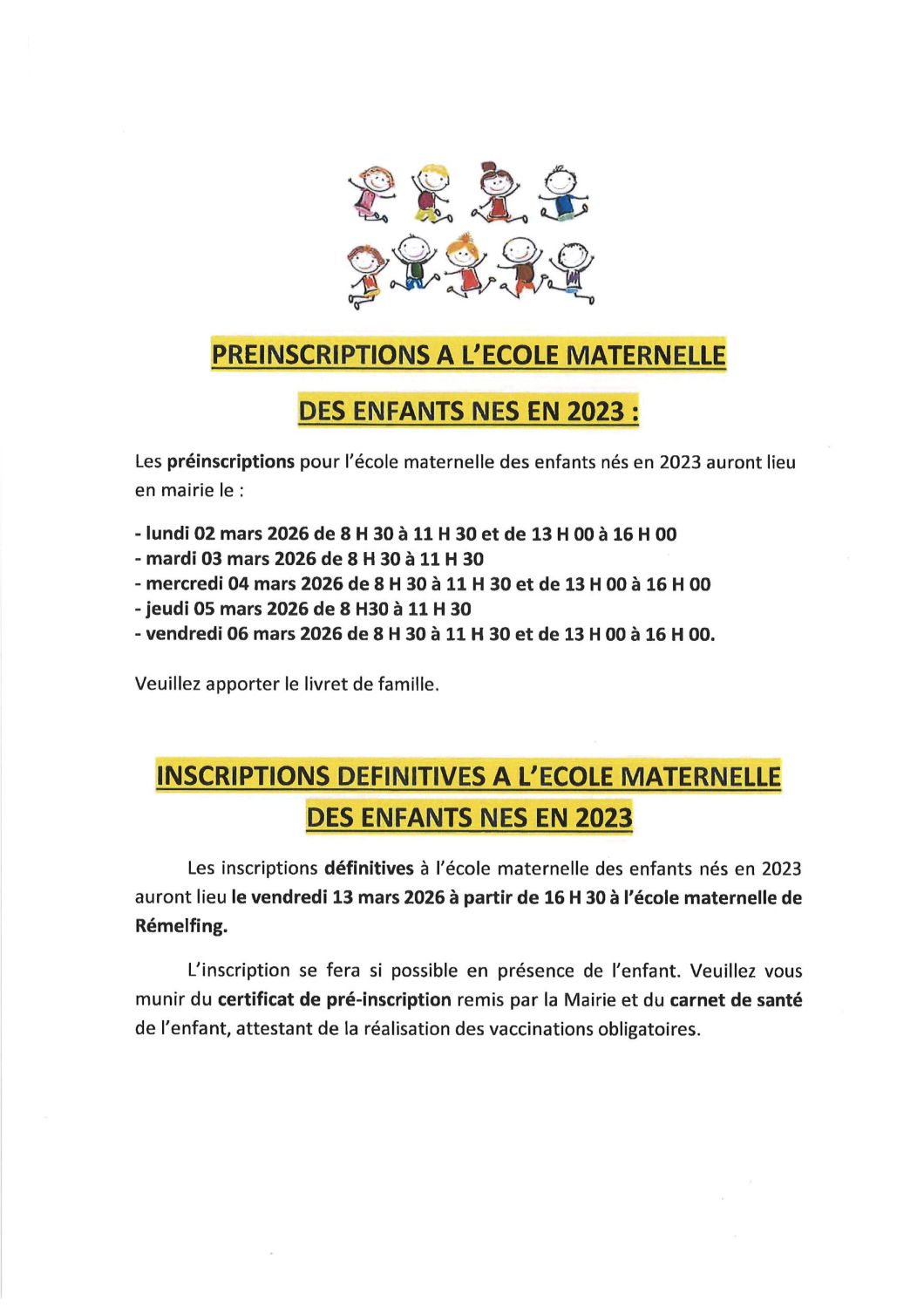 Inscriptions à l'école maternelle