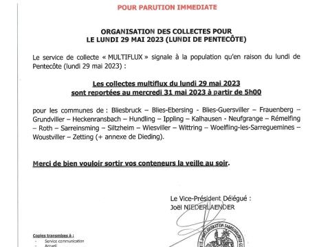 REPORT DE LA COLLECTE DU LUNDI DE PENTECÔTE