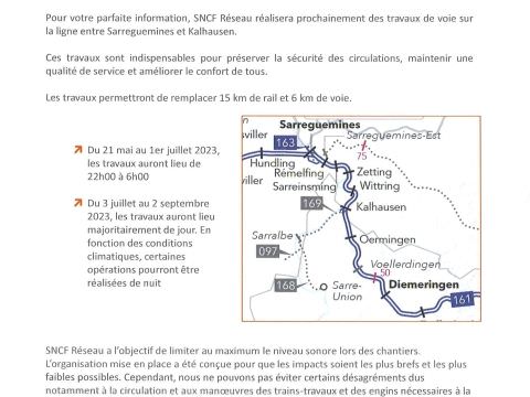 Travaux sur la ligne SNCF entre Sarreguemines et Kalhausen du 21 mai au 2 septembre 2023