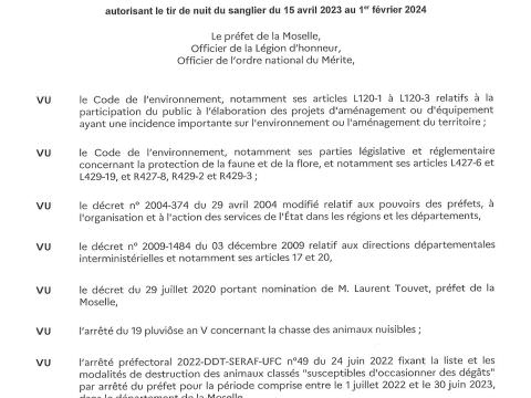 Arrrêté 2023 - DDT-SERAF-UFC n°19 du 05 AVRIL 2023 autorisant le tir de nuit du sanglier du 15 avril 2023 au 1er février 2024 Arrrêté 2023 - DDT-SERAF-UFC n°19 du 05 AVRIL 2023 autorisant le tir de nuit du sanglier du 15 avril 2023 au 1er février 2024