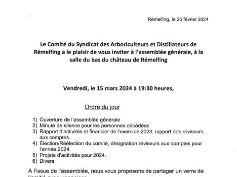 Image ASSEMBLÉE GÉNÉRALE DU SYNDICAT DES ARBORICULTEURS ET DISTILLATEURS DE RÉMELFING