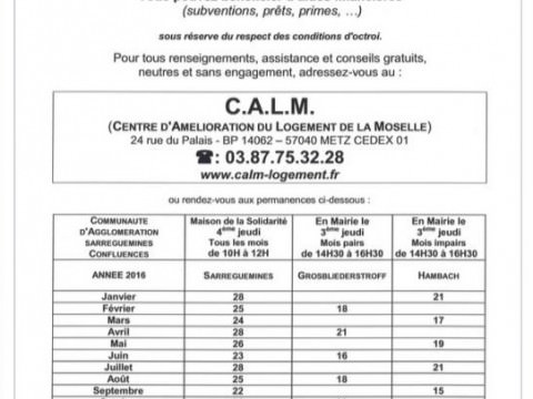 Permanences du C.A.L.M (Centre d'Amélioration du Logement de Moselle) Image Permanences du C.A.L.M (Centre d'Amélioration du Logement de Moselle)